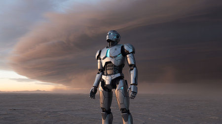 3D rendering of a robot with a cloudy sky in the backgroundの写真素材