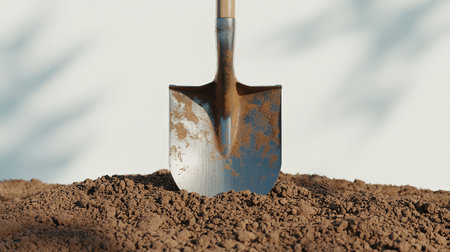Shovel in the soil on a white background. 3d renderingの写真素材