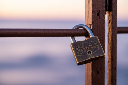 Padlock on the fence on the background of the sea at sunsetの写真素材