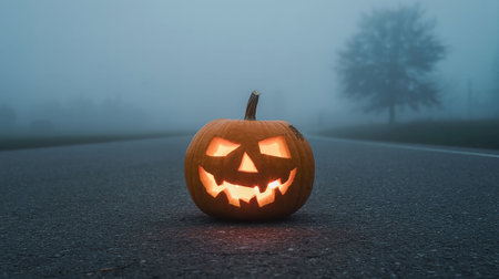 Halloween pumpkin on the road in foggy day. 3D renderingの写真素材