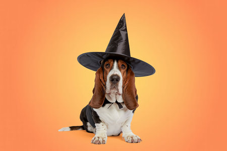 Halloween concept. Funny basset hound dog in witch hat and cape sitting on orange backgroundの写真素材