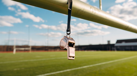 Referee whistle on a football field. Referee whistle on a football field.の写真素材