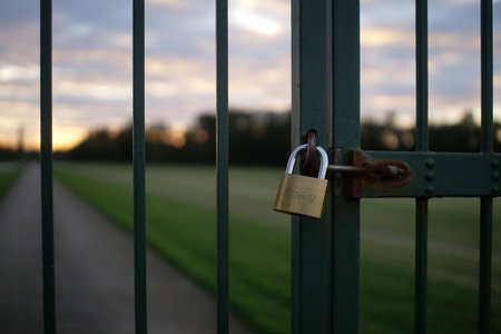 Padlock on a green metal gate with a sunset in the backgroundの写真素材