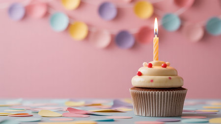 Birthday cupcake with candle on table against blurred background, space for textの写真素材