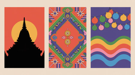 Buddhist banners with temple and garlands. Vector illustration.の写真素材