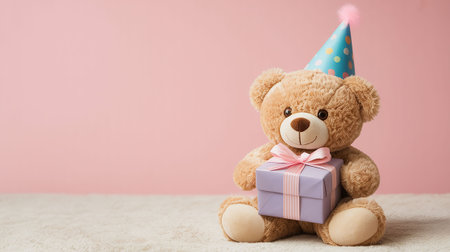 Cute teddy bear with birthday hat and gift box on pink backgroundの写真素材