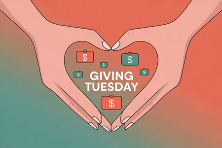 Illustration of hands forming a heart shape with the words Giving Tuesdayの写真素材