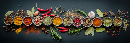 Spices and herbs on a black background. Food and cuisine ingredients.の写真素材