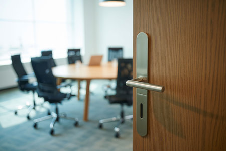Door handle in modern meeting room. Interior of conference room.の写真素材