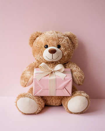 Teddy bear with gift box on pink background. Valentine's day concept.の写真素材