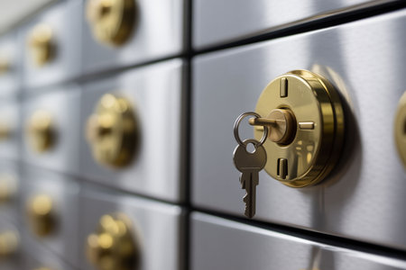 close-up of a key in a safe box with golden locksの写真素材