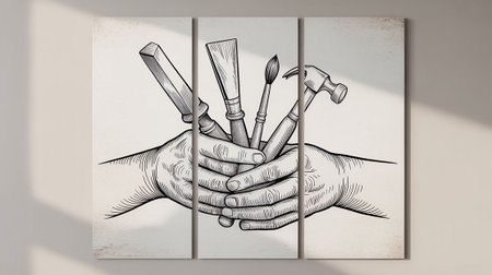 Drawing of human hands holding tools on a white wallの写真素材