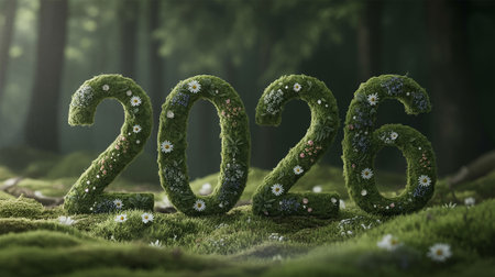 New Year with green moss and flowers, 3d render.の写真素材
