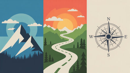 Vector illustration of mountain landscape with road and compass in flat style.の写真素材