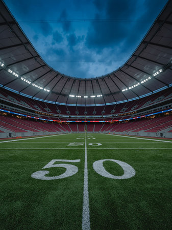 3D render of a large football stadium with bright lights and markingsの写真素材