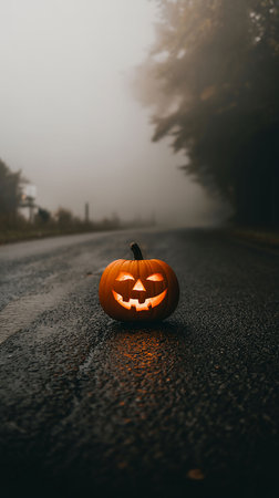 Halloween pumpkin on the road in the fog. Selective focus.の写真素材
