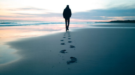 Silhouette of a man walking on the beach at sunset.の写真素材