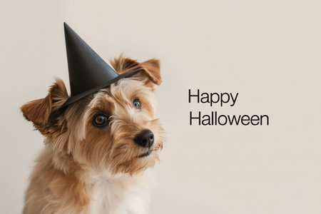 Cute dog in witch hat on white background with text Happy Halloweenの写真素材