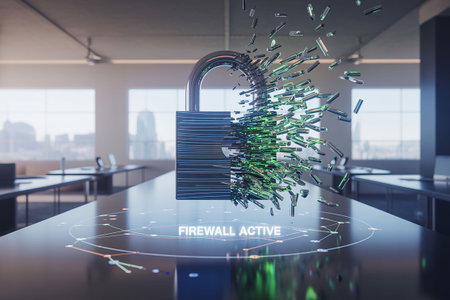 Padlock on abstract screen in modern office interior. Data security concept. 3D Renderingの写真素材