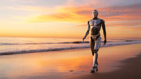 3d rendering humanoid robot walking on the beach at sunset time.の写真素材