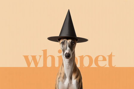 Whippet dog in a witch's hat on a beige backgroundの写真素材