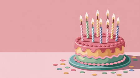 Illustration of a birthday cake with candles on a pink background.の写真素材