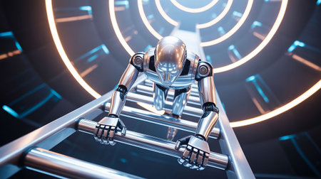 Robot on a stepladder. 3d rendering, 3d illustration.の写真素材