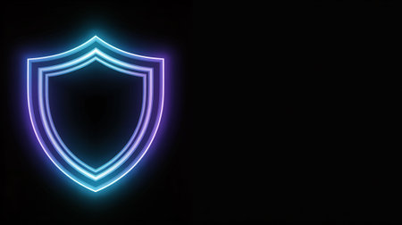 3d rendering of a shield in neon light on a black backgroundの写真素材