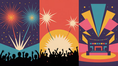 crowd of people at a music festival, vector illustration in retro styleの写真素材