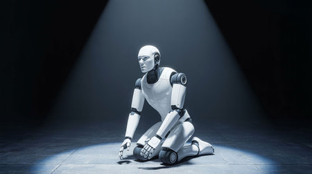 Robot humanoid sitting on the floor and looking at camera. 3d rendering.の写真素材