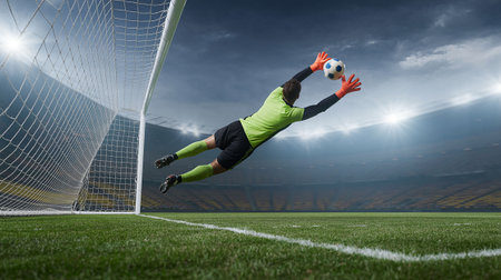 Goalkeeper catches the ball at the stadium under sky with clouds.の写真素材