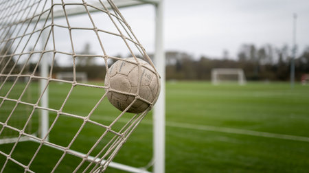 Soccer ball in goal net, close-up of soccer ballの写真素材