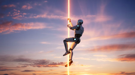 3d rendering of a robot climbing a rope on a sunset backgroundの写真素材