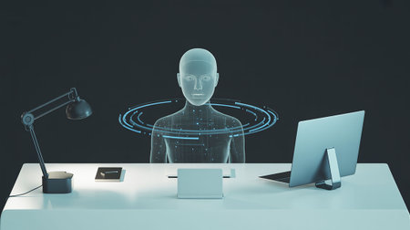 humanoid robot with computer on table, artificial intelligence concept 3D renderingの写真素材