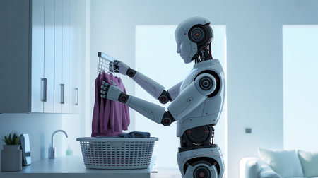 3d rendering robot holding a basket of clothes in a modern kitchenの写真素材
