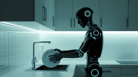 3d rendering humanoid robot washing dishes in the kitchen in blue lightの写真素材