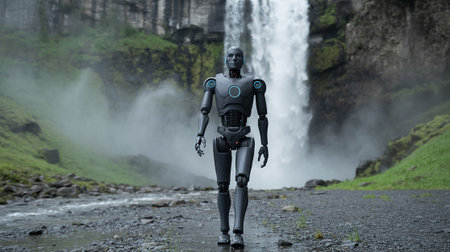 3d rendering of a female robot in front of a waterfall.の写真素材