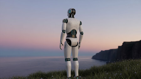 3D rendering of a female robot on a cliff top at sunsetの素材