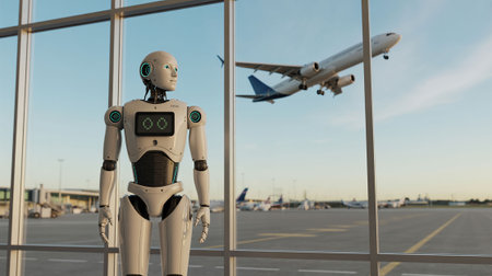 Robot at the airport. 3D rendering. Artificial intelligence.の写真素材