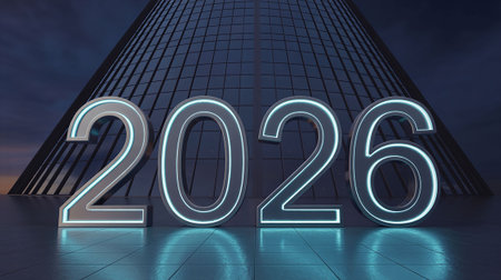 Happy new year 2016 - 3D rendering of a futuristic building with neon lightsの写真素材