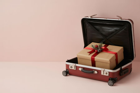 Open suitcase with christmas presents on color background. Space for textの写真素材