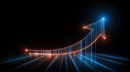 3d rendering of an arrow pointing up in a dark space with neon lightsの写真素材