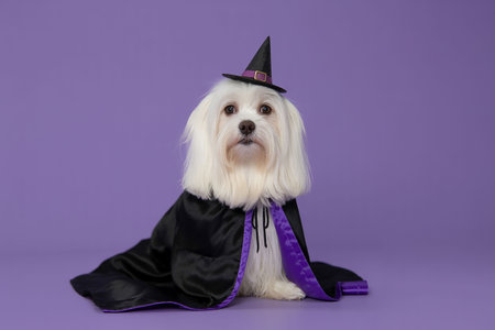 Cute Maltese dog in halloween costume on purple backgroundの写真素材