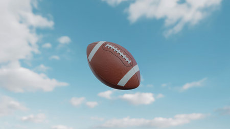 3d rendering of american football ball flying in the blue skyの写真素材