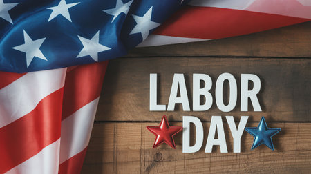 Labor day text on wooden background with american flag. Labor day conceptの写真素材
