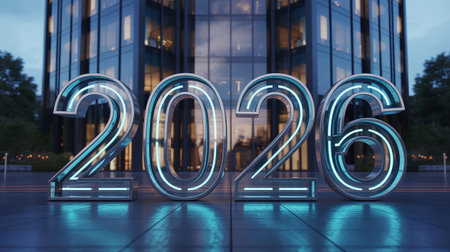New Year 2026 glowing neon letters on the background of a modern office buildingの写真素材