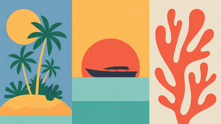 Tropical island with palm trees and boat. Vector illustration.の写真素材