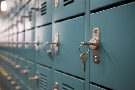 Lockers with keys in a locker room. Selective focus.の写真素材