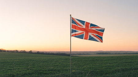 British flag waving in the wind over a green field. 3d renderingの写真素材