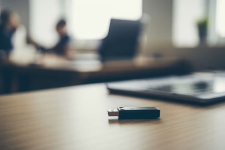 Usb flash drive on the desk with blurred business people in the backgroundの写真素材